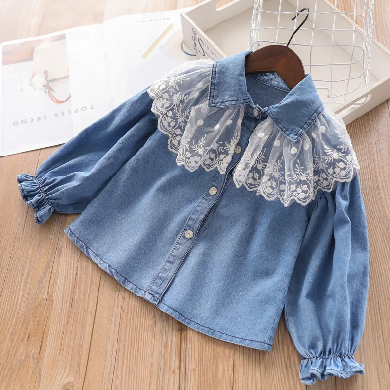 

325941 New Style Special Offer 8757 Spring 5 Colors Girls Lace Embroidery Lotus Leaf Cowboy CHILDREN'S Shirt