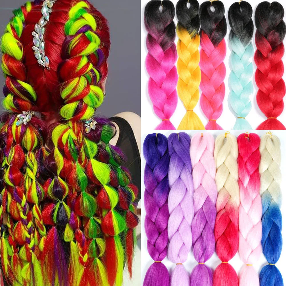 

Synthetic Ombre Braiding Hair Crochet Jumbo Braids Hairstyles Braid Hair Extensions Purple Pink Green Black 100g 24inch