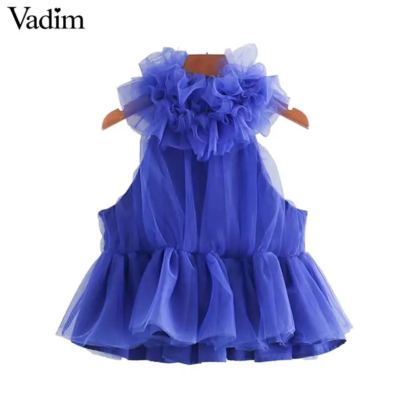 Vadim, женский сексуальный укороченный топ с оборками, без рукавов, плиссированная короткая блузка, вечерние, для клуба, синий, шикарный, Повседневная рубашка, топы, blusas WA464