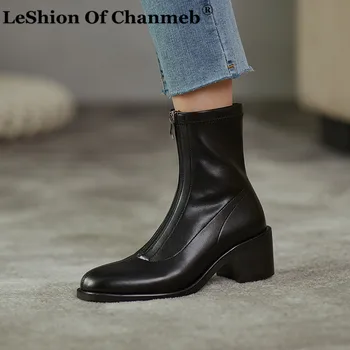 

Front Zipper Boots for Women Square Block Heels Round Toe Ankle Boots Ladies Large Size 43 Black Brown Stretch Socks Boots Shoes