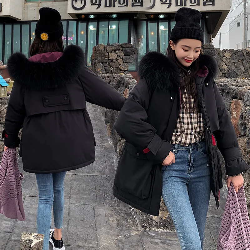 

2019 New Style Online Celebrity Korean-style Large Fur Collar Hooded down Jacket Woman Cotton Dress Coat Brushed And Thick down