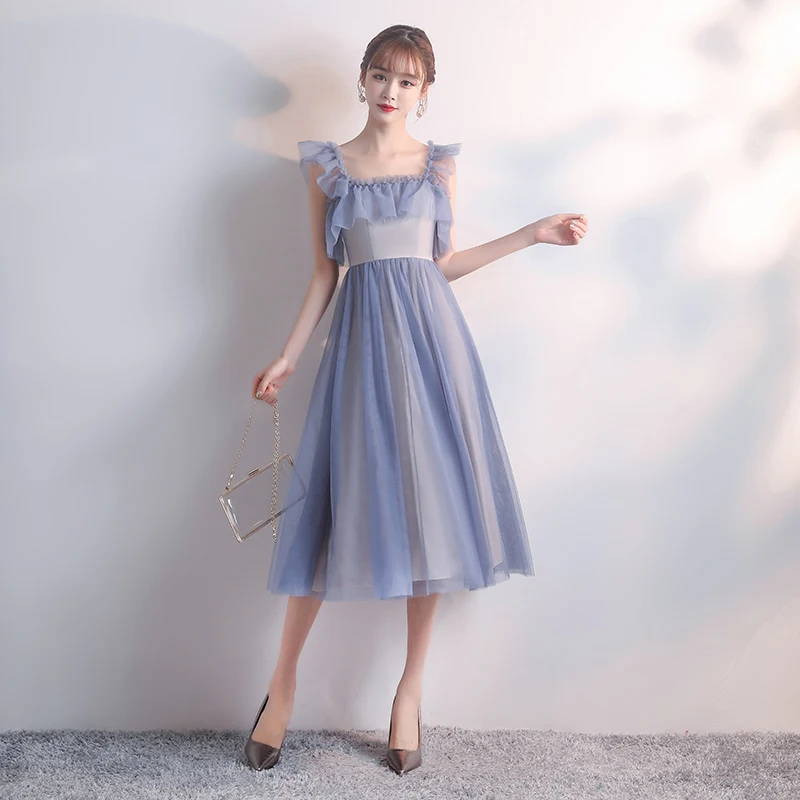 

Wedding Guest Dress Sexy Prom Vestido Azul Marino Dark Blue Bridesmaid Dresses Sleeveless Tea-Length Women Dresses for Occasions