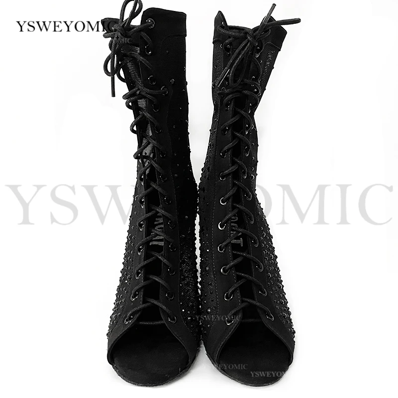 2021 Women Rhinestone Black Mesh Latin Dance Boots Soft Thicker Insole High Quality Training Dance Party Latin Salsa Dance Shoes