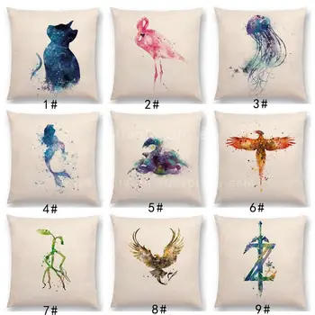 

Latest Hogwarts Final Fantasy Pillow Case Breath Wild Jellyfish Thunderbird Flamingo Animals Watercolor Prints Cushion Cover