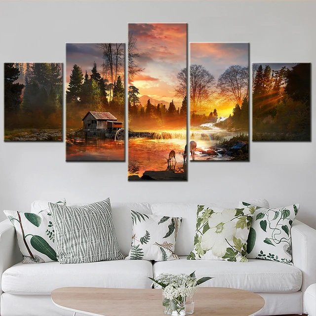 Nature River Deer Sunset Scenery Wall Art Canvas Set Modular Landscape Painting Canvas Picture for Living Room Decor Wall Postes