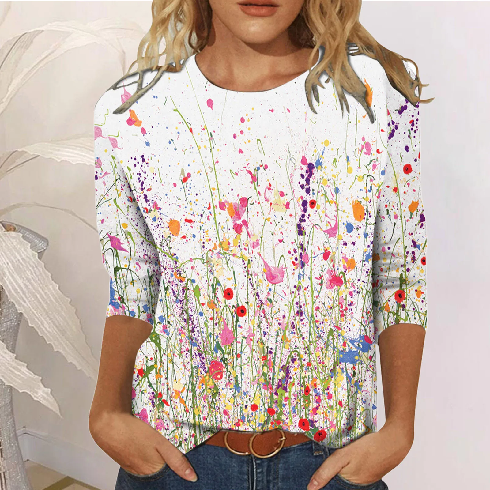 Retro Women's Floral Printed T Shirts Autumn Ladies Casual Mid-length Sleeves T Shirts Femme Crew-neck Tee Shirts Femme Tops New 2