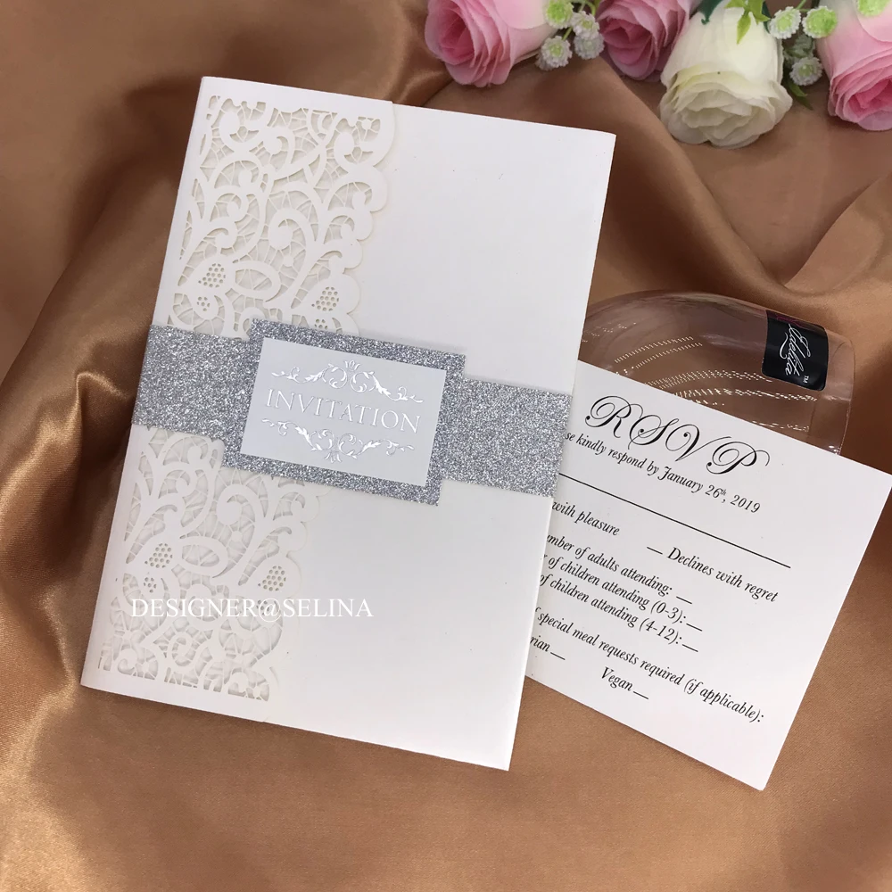 

Luxury Ivory Lace Wedding Invitation with Glitter Tag and Belt and RSVP Card DIY Laser Cut Pocket Quinceanera Invites