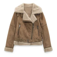 BARTLOCK Winter Women Jacket Thick Warm Suede Lamb Jacket Short Motorcycle Brown Coats Faux Sheepskin Leather Jackets Outwear