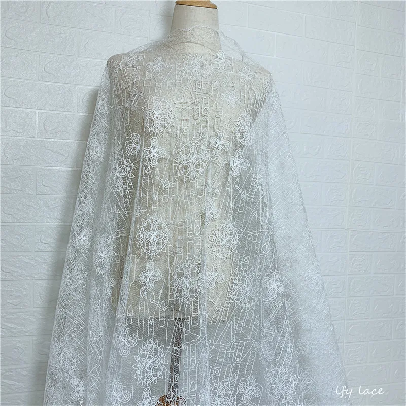 

130cm Off white unique Geometric High Quality African Tulle Guipure Embroidered net French Garment Cloth DIY Lace Fabric
