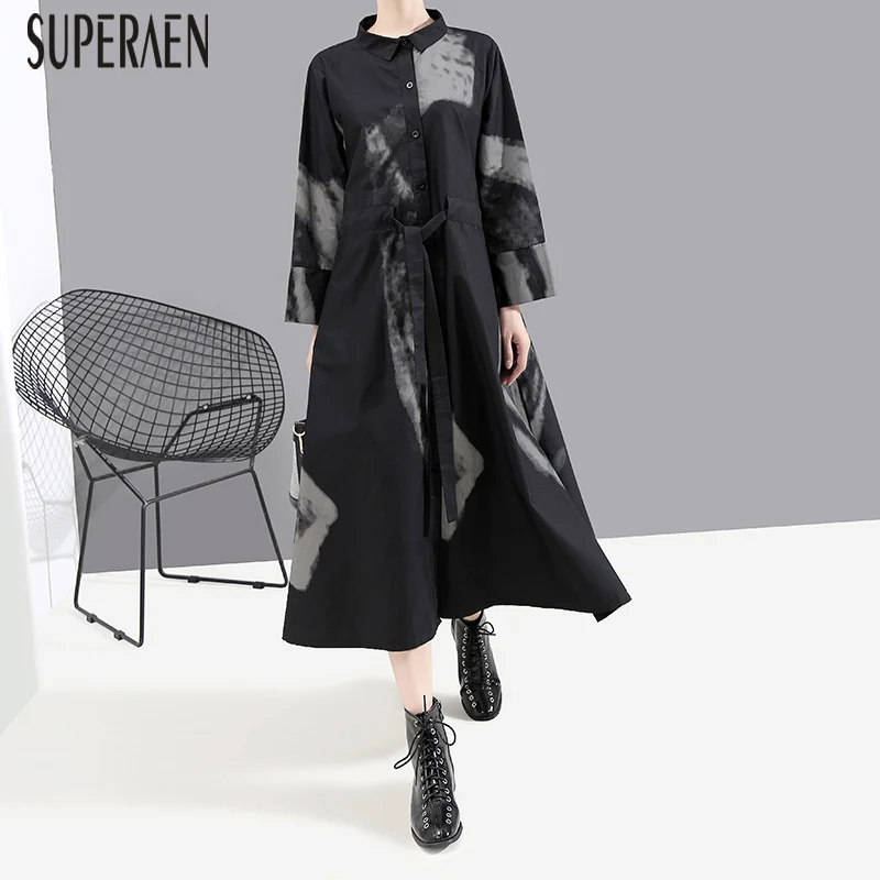 SuperAen Платье с принтом женское осеннее Новое хлопковое повседневное женское платье с длинным рукавом европейская дикая модная женская одежда