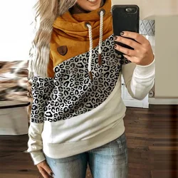 Mulheres leopardo retalhos com capuz camisola outono inverno gola alta quente manga longa impresso hoodies feminino cordão pullovers