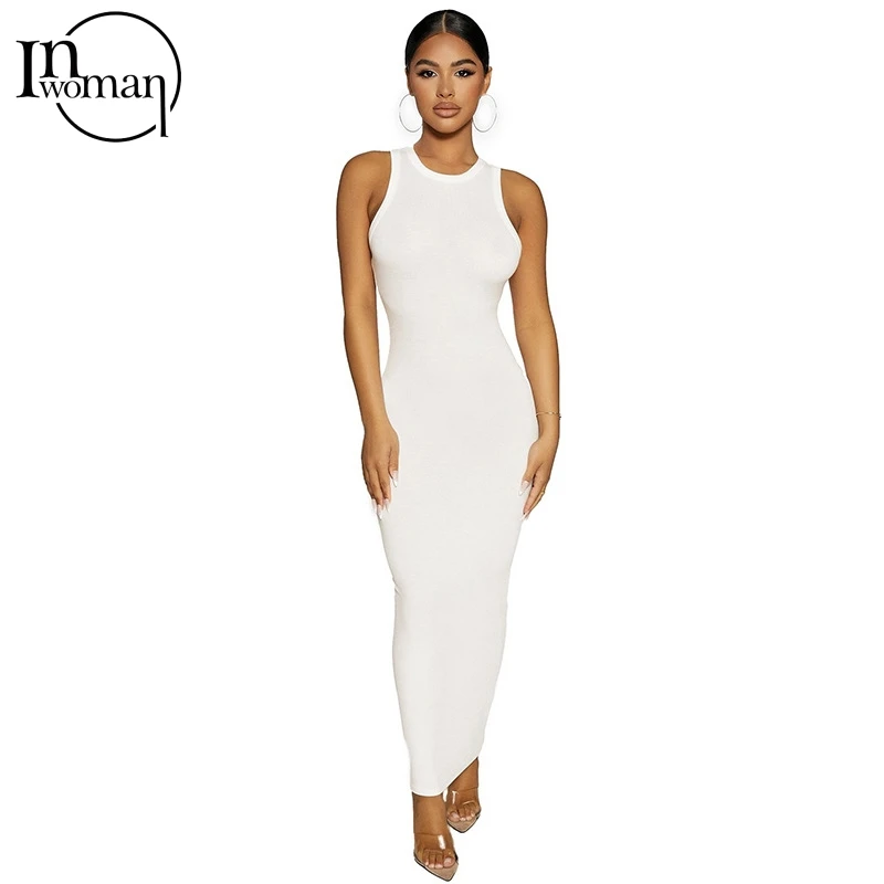 Inwoman Ribbed Knitted Summer Black White Maxi Dress Women 2021 Sexy Party Bodycon Long Dress Sundress Ladies Brown Wrap Dresses red dress