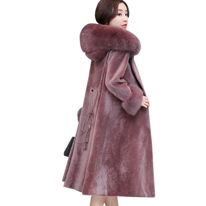 Зимняя женская куртка, длинное пальто из искусственного меха, модное пальто из овечьей стриженой шерсти, Меховая куртка с капюшоном из лисьего меха, толстое теплое пальто размера плюс 4XL