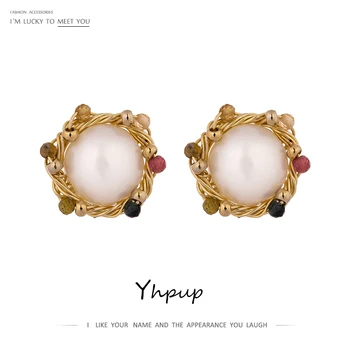 

Yhpup Tourmaline Natural Pearls Stud Earrings Elegant Stone Round Earrings Jewelry Female Wedding Party Aros Mujer Oreja 2020