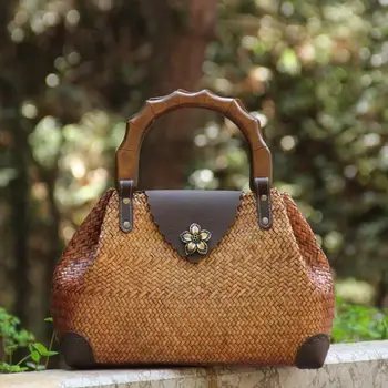 

Vintage wooden handle woven handbag weaving straw bag ladies hand bags