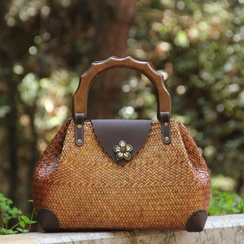 Vintage Wooden Handle Woven Handbag Weaving Straw Bag Ladies Hand Bags