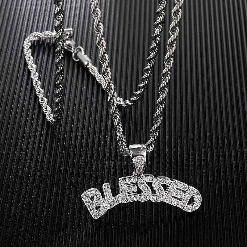 Хип-хоп Bling Iced Out BLESSED буквы кубическое ожерелье с фианитами и кулоны для мужчин раппер ювелирные изделия с теннисная цепочка