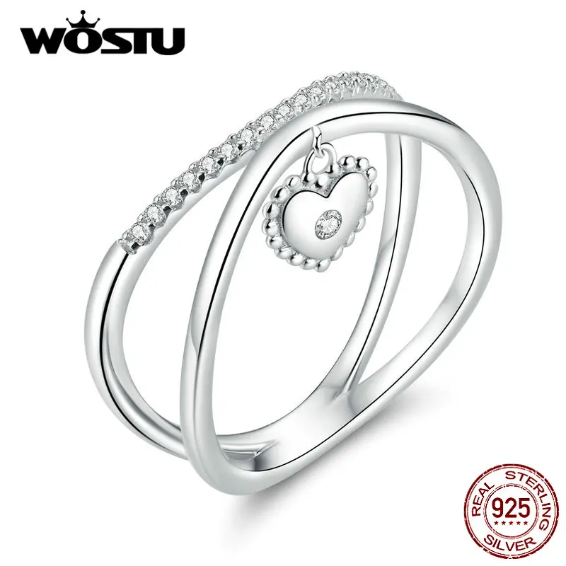 

WOSTU Real 925 Sterling Silver Loved Heart Rings For Women Double Layer Cross Design Wedding Ring Finger Fashion Jewelry CQR613