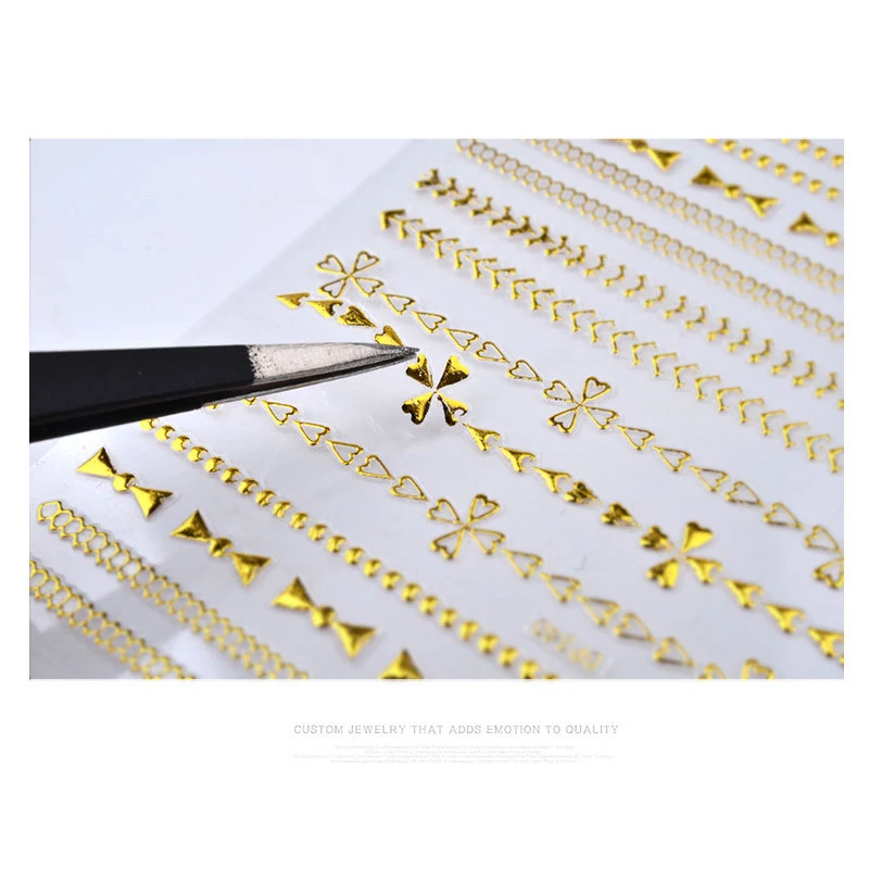 1 лист золотые металлические цепочки наклейки для ногтей s 3D сердце бант-узел золотой металлик клейкая наклейка DIY маникюр Дизайн ногтей украшения