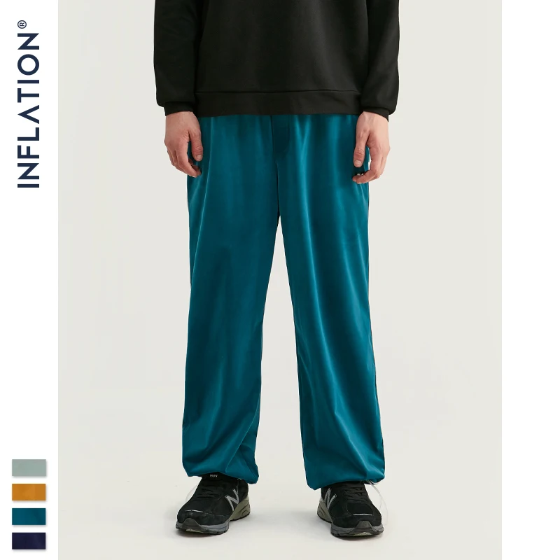 

INFLATION 2019 FW Men Track Pants Loose Fit Overalls Solid Color Men Track Pants Streetwear Flannelette Fabric Men Pants 93381W