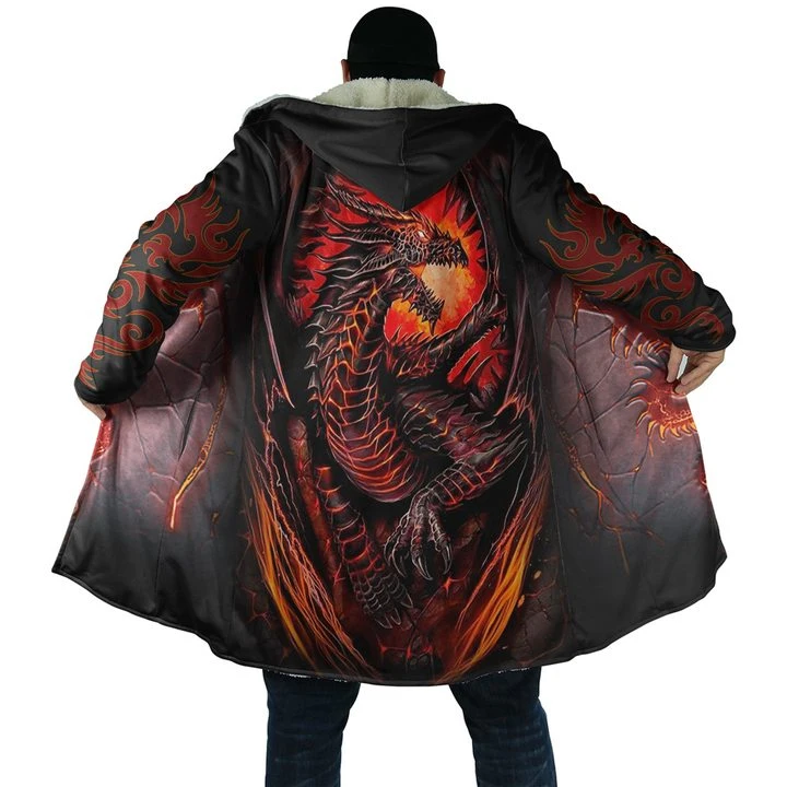 2024 Winter Herren Mantel Lava Drache und Schädel Tattoo 3D Volldruck Fleece Kapuzenmantel Unisex Casual Dicke Warme Cape-Mantel PF44 – Detail 4