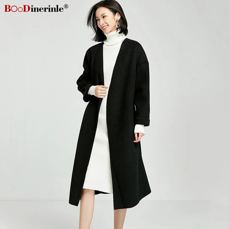 BOoDinerinle, Женское пальто, зимняя женская куртка, женское длинное шерстяное пальто с запахом, женское элегантное кокон с длинным рукавом и поясом, Свободное пальто