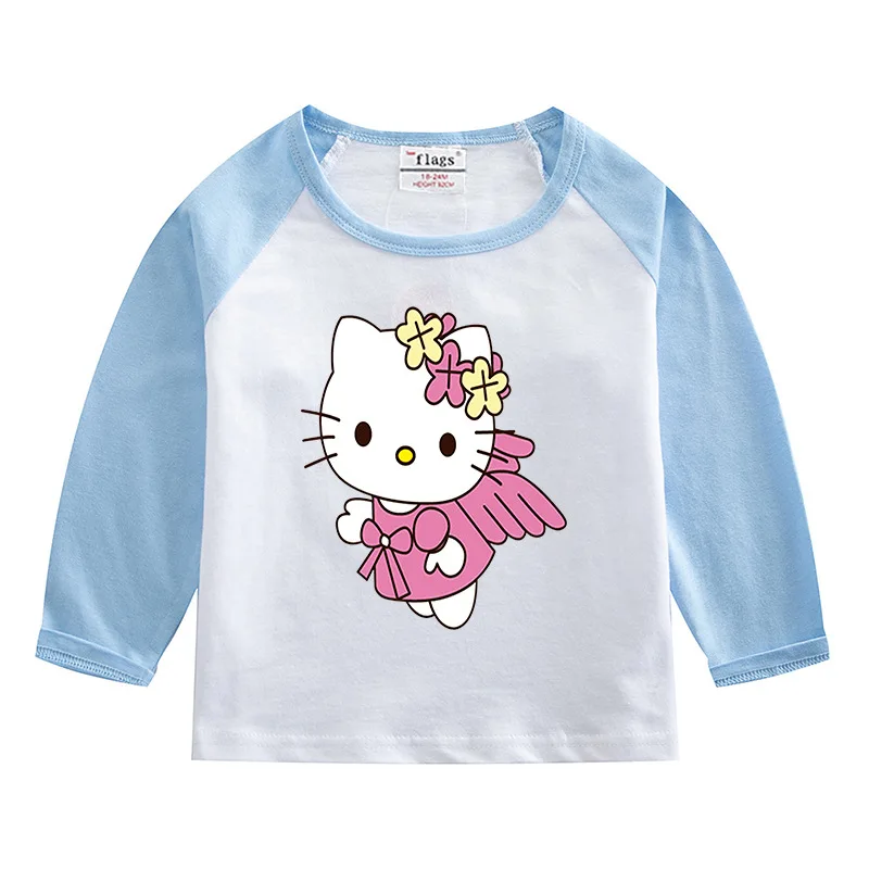 thumbnail image 1 of Hello Kitty Hit Color niños Casual algodón de manga larga chica estampado de dibujos animados patrón cuello redondo camisa de fondo camiseta de bebé, 1 of 5