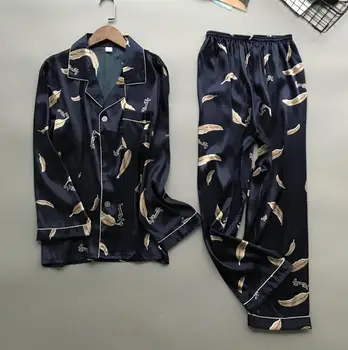 

Oversize 3XL New Casual Men Pajama Pijama Set Satin Long Sleeve Shirt+Pants Home Wear Print Male Nightwear 2PCS Sleepwear