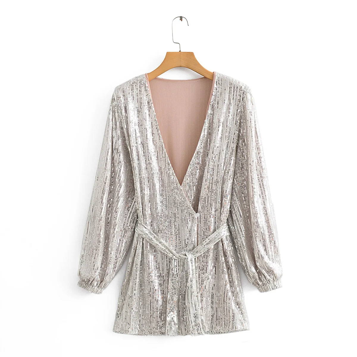 Серебряное рождественское платье с блестками, женское винтажное вечернее платье с длинным рукавом и фонариком, сексуальное блестящее платье с v-образным вырезом и поясом на пуговицах vestidos - Цвет: silver