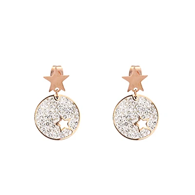 Rose Gold Yhpup, корейские, полые, звезда, нержавеющая сталь, блестящие, стразы, свисающие серьги, розовое золото, Круглые, массивные серьги, ювелирное изделие для женщин - Окраска металла: Rose Gold