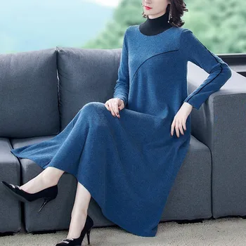 

Hot 2020 Autumn Winter Knitted Patchwork Women Sweater Dress Female Blue Stripe Casual Warm Loose Turtleneck Dresses For Women