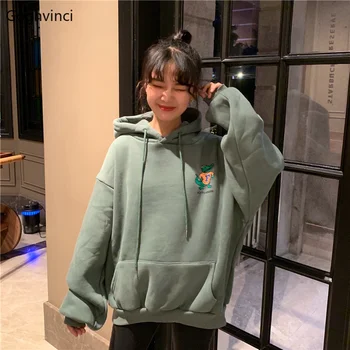 

Hoodies Women Harajuku Printed Korean Style Loose Leisure Trendy Hooded Thickening Student Womens Clothing All-match Simple Chic