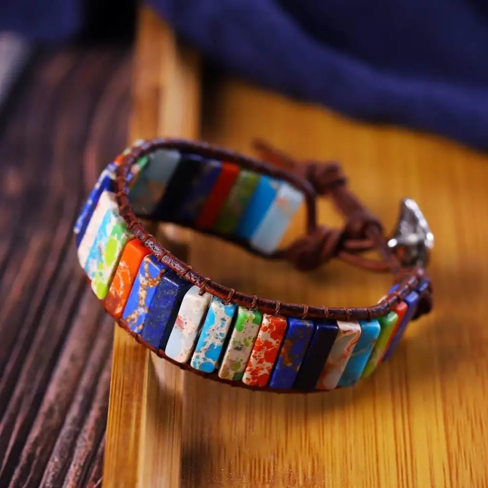 LZHLQ Chakra Bracelet Jewelry Handmade Multi Color Natural Stone Tube Beads Leather Wrap Couple Bracelets Creative Gift | Украшения и