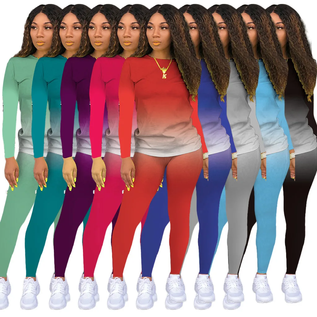 

Sport Gradient Women Two Piece Set Long Sleeve Tee Tops Skinny Sweatpants Jogger Suit Tracksuit Matching Set Outfits