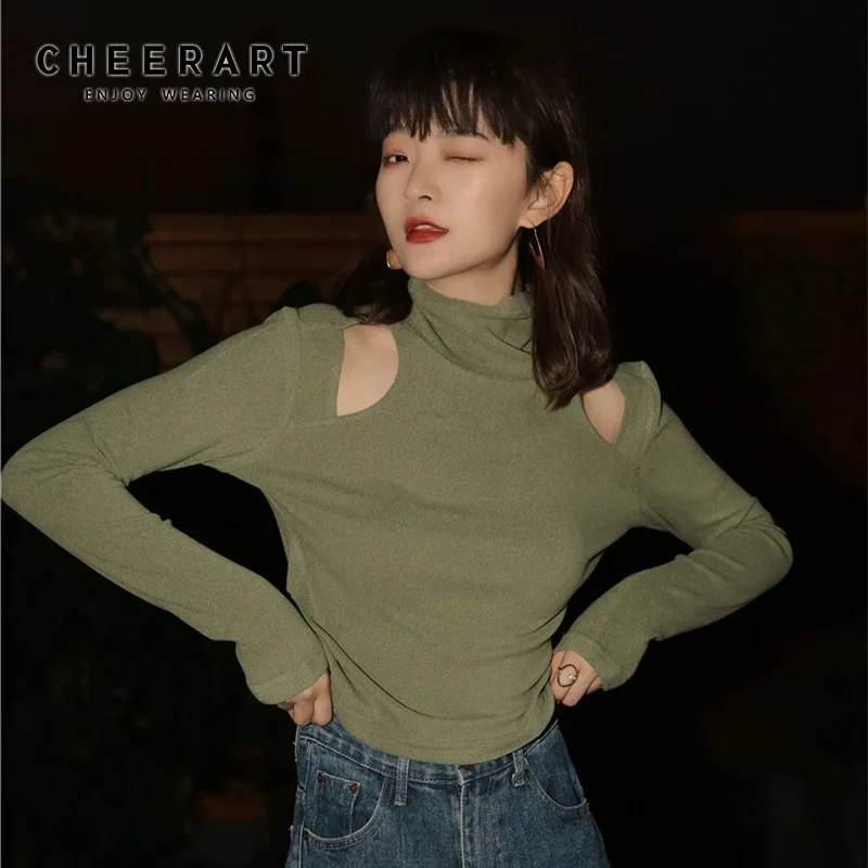 CHEERART Водолазка Выдалбливают с длинным рукавом Топ зеленая футболка женская дизайнерская Повседневная футболка с вырезом Женская одежда