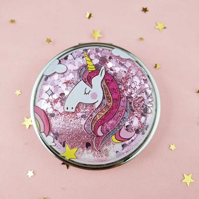 

Mini Unicorn Makeup Mirror Compact Pocket Mirror Portable Double-Sided Folding Cosmetic Mirror Gifts With flowing sparkling sand