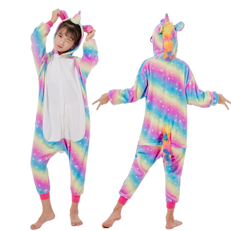 Rainbow stars-white Kigurumi/Детские пижамы для мальчиков и девочек; пижамы с единорогом; фланелевые детские пижамы; комплект одежды для сна с животными; зимние комбинезоны; От 4 до 12 лет - Color: Rainbow stars-white