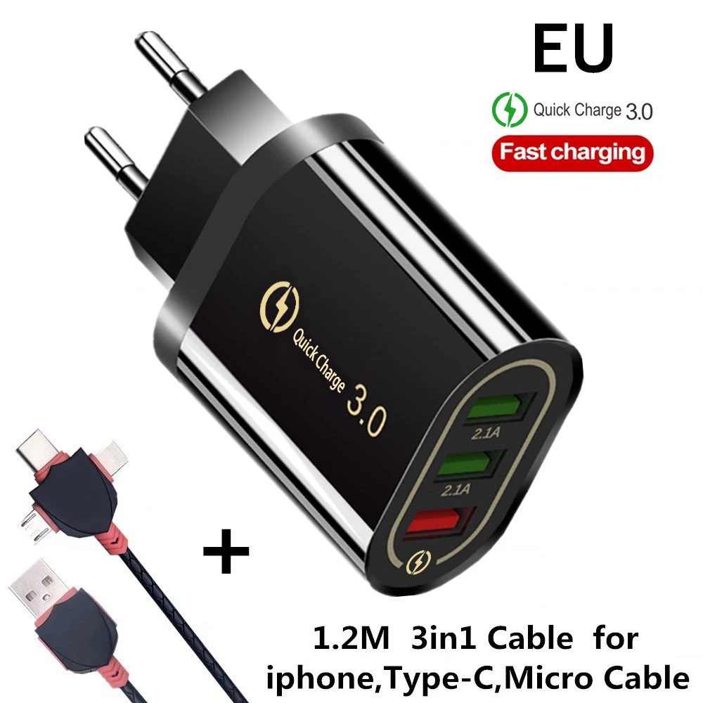 EU/US 5 В/3A зарядное устройство для телефона, быстрое зарядное устройство, быстрая зарядка QC 3,0, зарядное устройство USB для iPhone X 7 8 11 samsung huawei Xiaomi, зарядное устройство - Тип штекера: EU 3in1 Cable Black