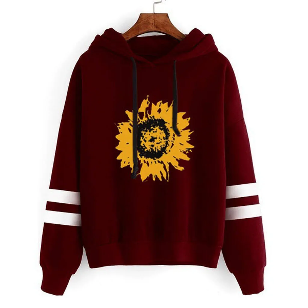 2020 Automne sweat à capuche pour femme décontracté manches longues tournesol impression pull hauts capuche|Толстовки и