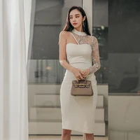 Ladies One-Shoulder Stand Neck Lace Patchwork Sheath Bodycon Knee-Length Sexy White Party Dresses 1