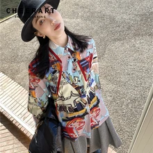 CHEERART Graffiti Long Sleeve Button Up Shirt Fall 2021 Womens Fashion Top Ribbon Collared Shirt Blouse Streetwear Designer