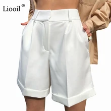 Pantalones cortos de traje blanco para mujer, pantalón corto holgado informal de pierna recta a media cintura con bolsillos con botón y cremallera, ropa de verano, 2021