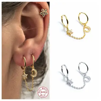

925 Sterling Silver Earring Moon Star Shape Double Huggie Hoop Earrings For Women brincos oorbellen pendientes Fine Jerwelly
