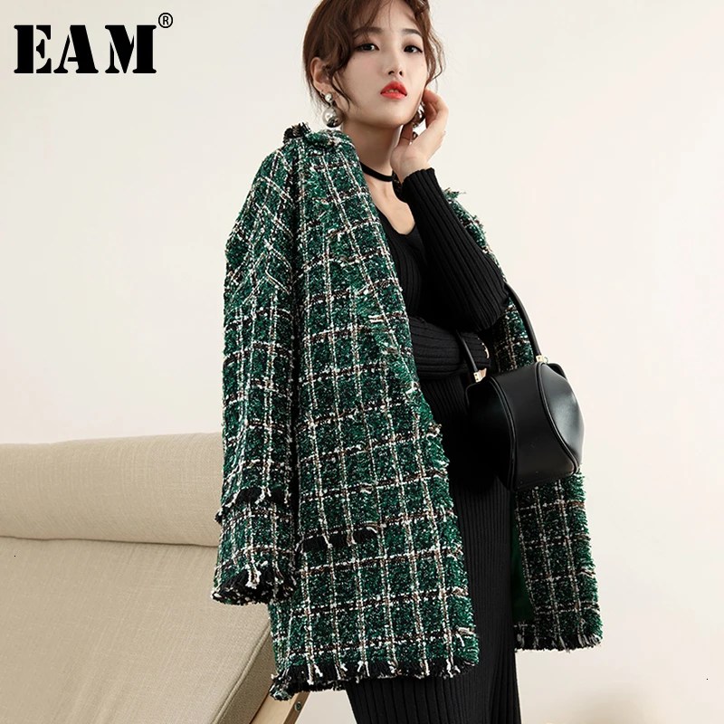 

[EAM] Loose Fit Green Plaid Tweed Big Size Woolen Coat Parkas New Long Sleeve Women Fashion Tide Autumn Winter 2020 1H644
