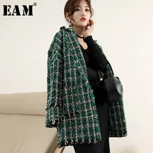 [EAM] свободное зеленое клетчатое твидовое шерстяное пальто большого размера, парки, новинка, длинный рукав, женская мода, Осень-зима, 1H644