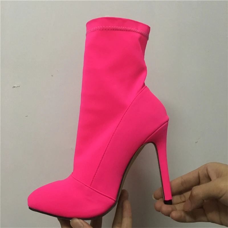 Г. Женские фетиш, Шелковый носок, неоновые ботинки модные растягивающиеся ботильоны на высоком каблуке 11,5 см красного и зеленого цвета персиковая обувь, большой размер 42