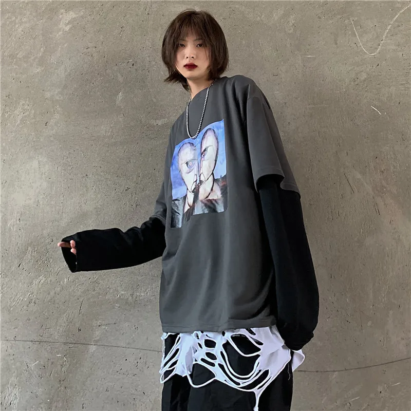 Lychee Harajuku, повседневные осенние женские топы с круглым вырезом, поддельные 2 штуки, свободные женские пуловеры с темными персонажами, лоскутные женские толстовки