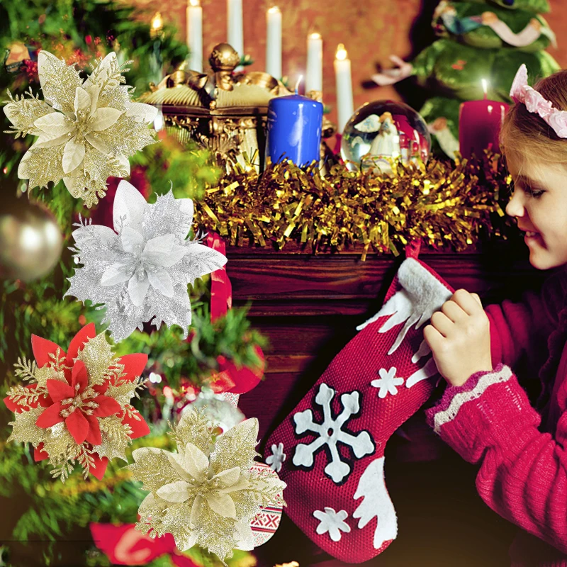 5pcs Artificial Christmas Flowers Glitter Fake Flowers Merry Christmas Tree Decoration Home DIY Xmas Gifts Ornament Navidad