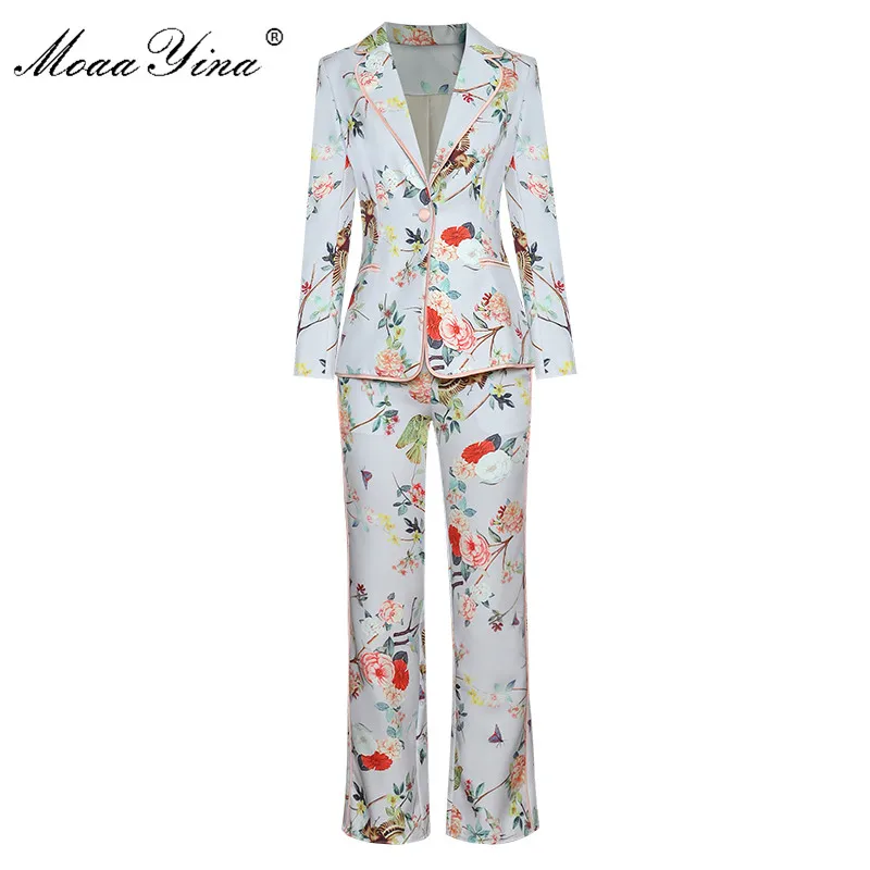 

MoaaYina Fashion Designer Suit Spring Women Long sleeve Single Button Suit Tops+Floral Print Pocket trousers Two-piece set
