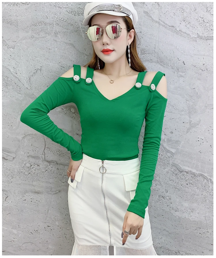 Korean Sexy Hollow Out Off Shoulder Button Tshirt Autumn Winter Women Long Sleeve Pullover Back Top Camiseta Mujer T98202